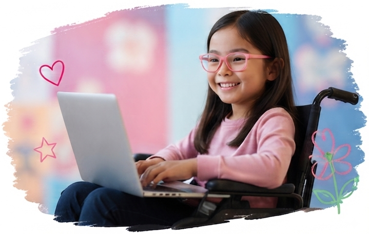 A young girl in a wheelchair using a laptop