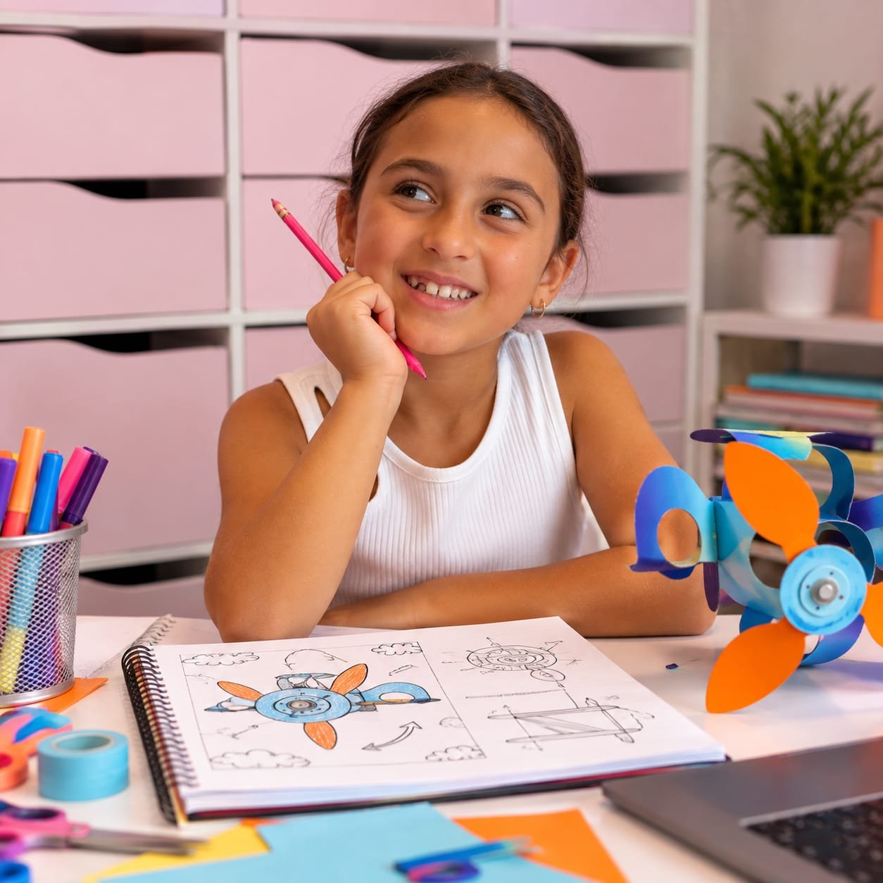 A young girl imagining new ideas with sketches and a propeller model