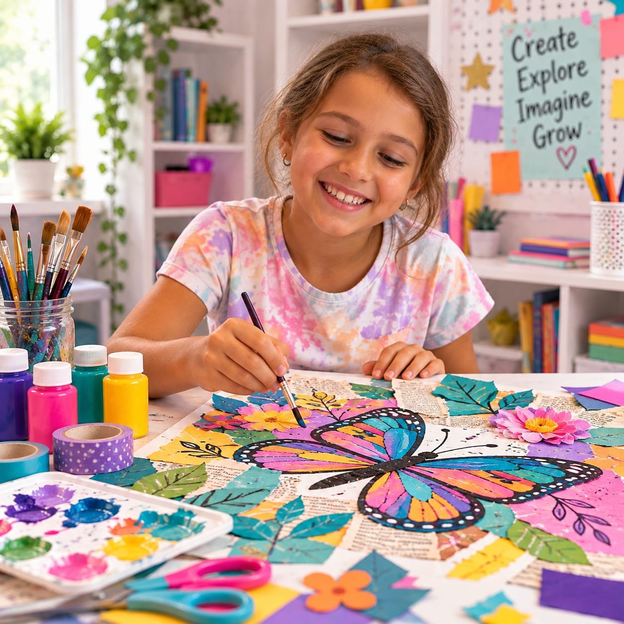 A young girl smiling while painting a colorful butterfly collage