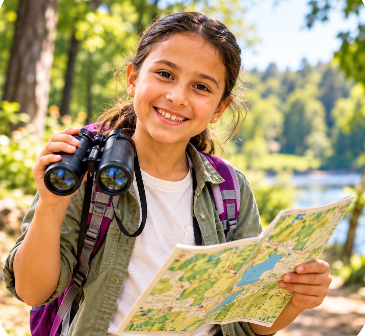 A young explorer with binoculars and a map outdoors