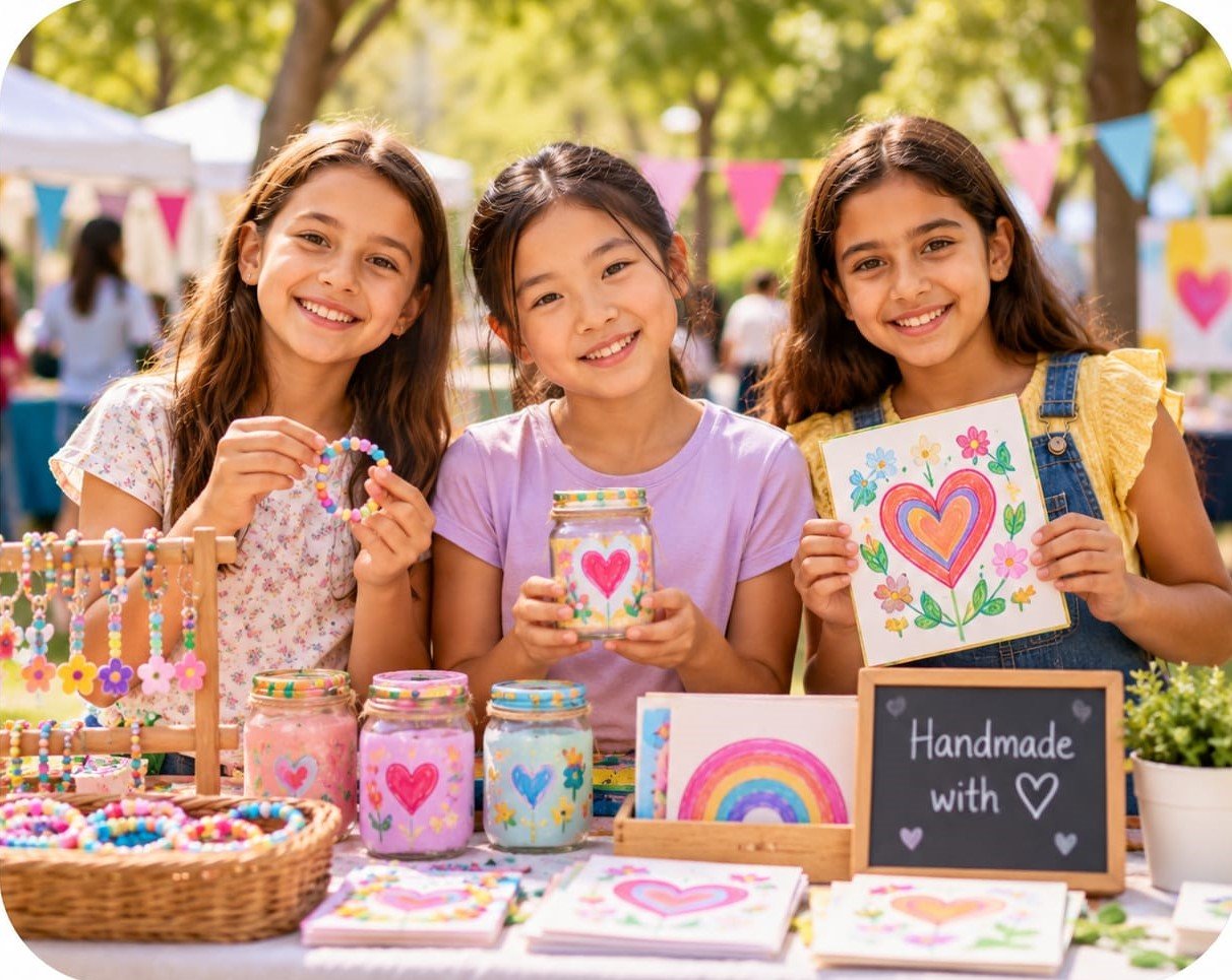 Children sharing handmade creations at a community market