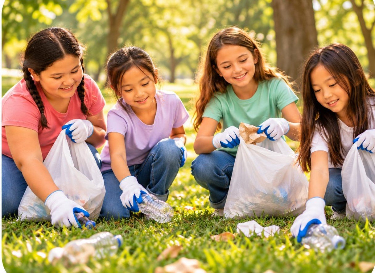 Children cleaning a park together and collecting plastic bottles