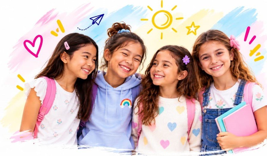 Four smiling girls with backpacks and school supplies