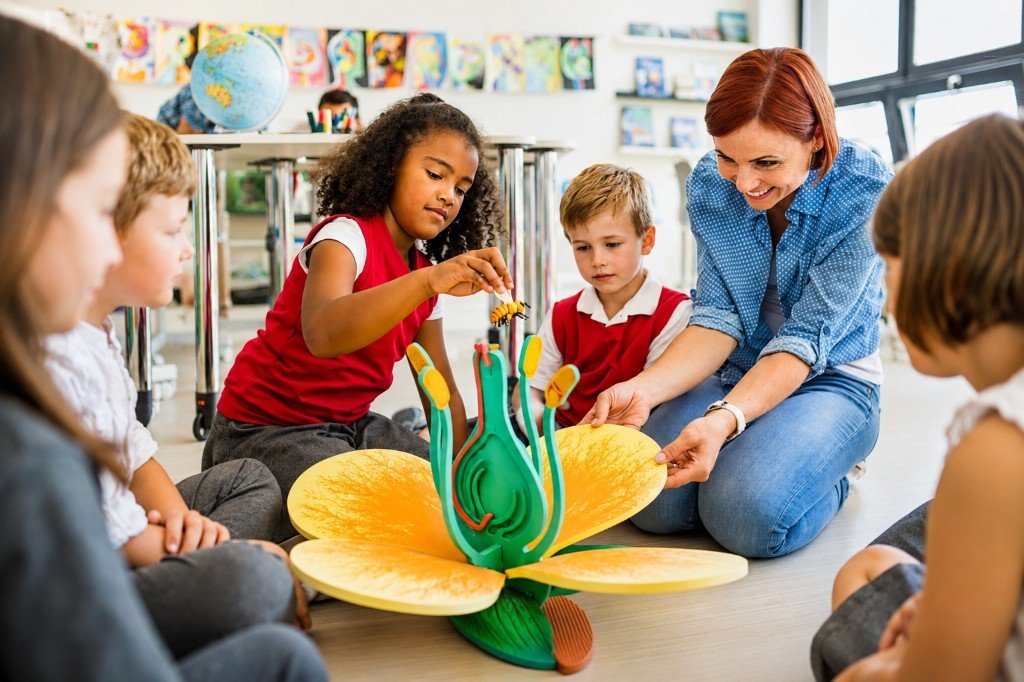 A teacher and children exploring a flower model in class