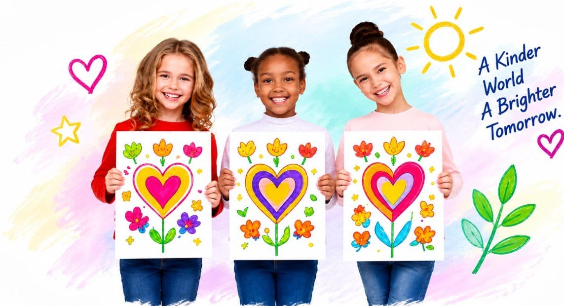 Three children holding colorful heart artwork posters with the message A Kinder World A Brighter Tomorrow