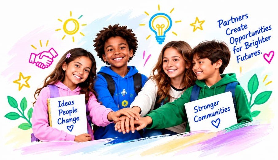 Children stacking hands with signs for Ideas People Change and Stronger Communities
