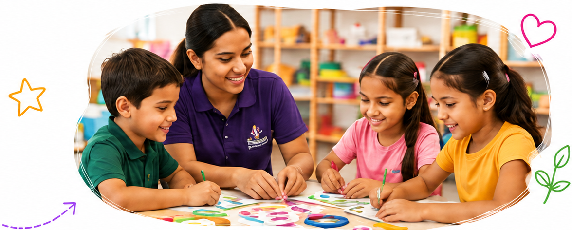 A volunteer smiling while helping children with a creative activity